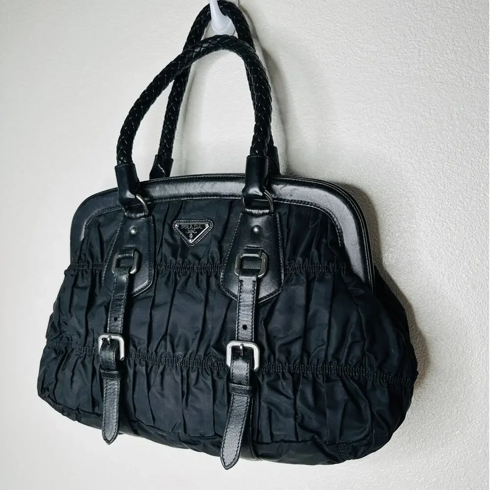 Prada Vintage 90s Black Nylon & Leather Buckle Braided Handle Purse - Picture 2 of 16